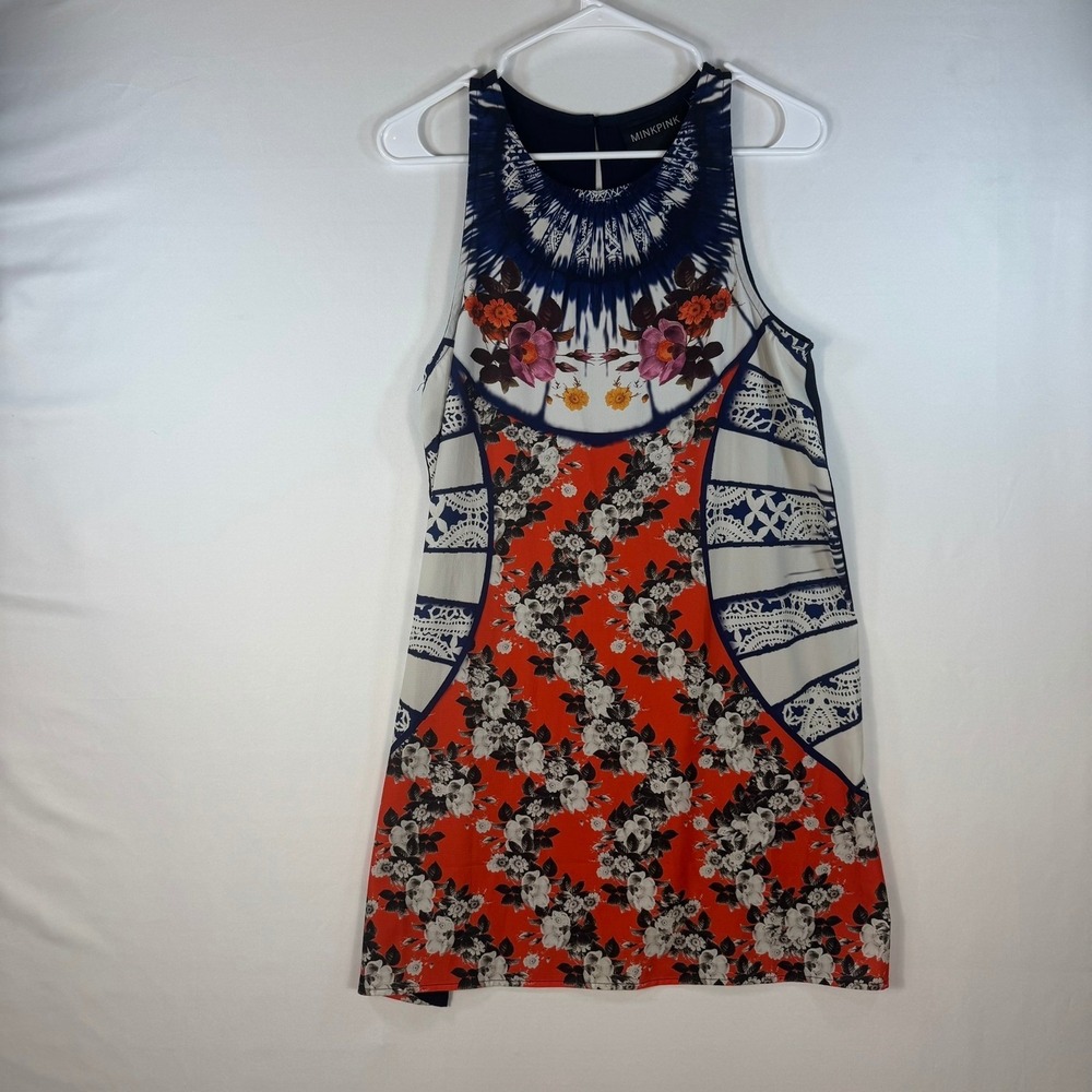 Minkpink Womens Floral Mixed Print Sleeveless Shift Dress Navy Orange Small